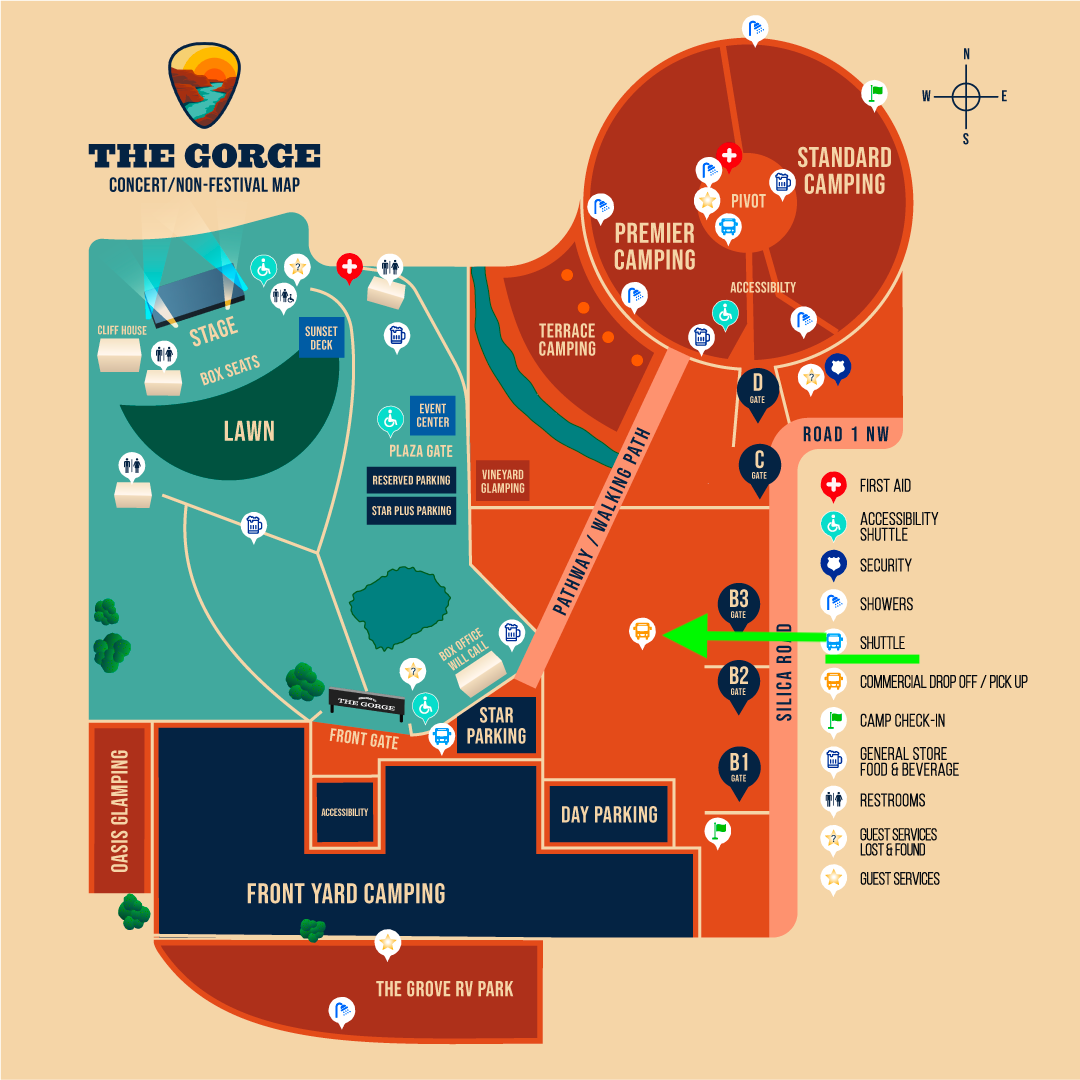 The Gorge Amphitheatre concert and non-festival venue map showing stage, camping, parking, and shuttle locations